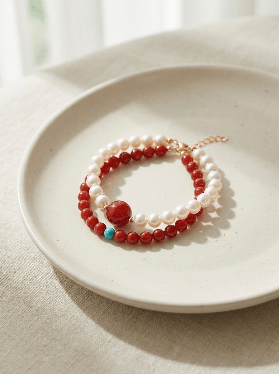 Agate & Turquoise Stack Bracelet, bracelets in red agate, turquoise, freshwater pearl, view 3