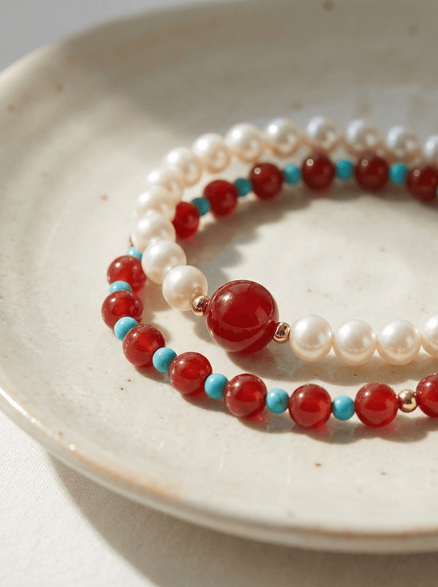 Agate & Turquoise Stack Bracelet, bracelets in red agate, turquoise, freshwater pearl, view 4