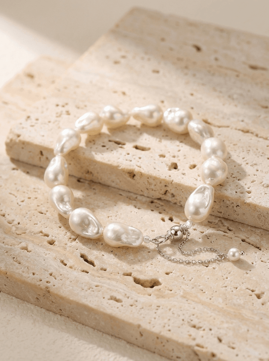 Baroque Pearl Strand Bracelet, bracelets in large baroque freshwater pearls, silver clasp, view 3