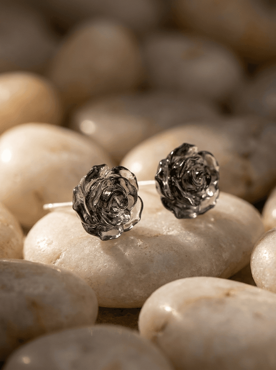 Black Rose Studs, earrings in 999 silver posts, alloy, view 4