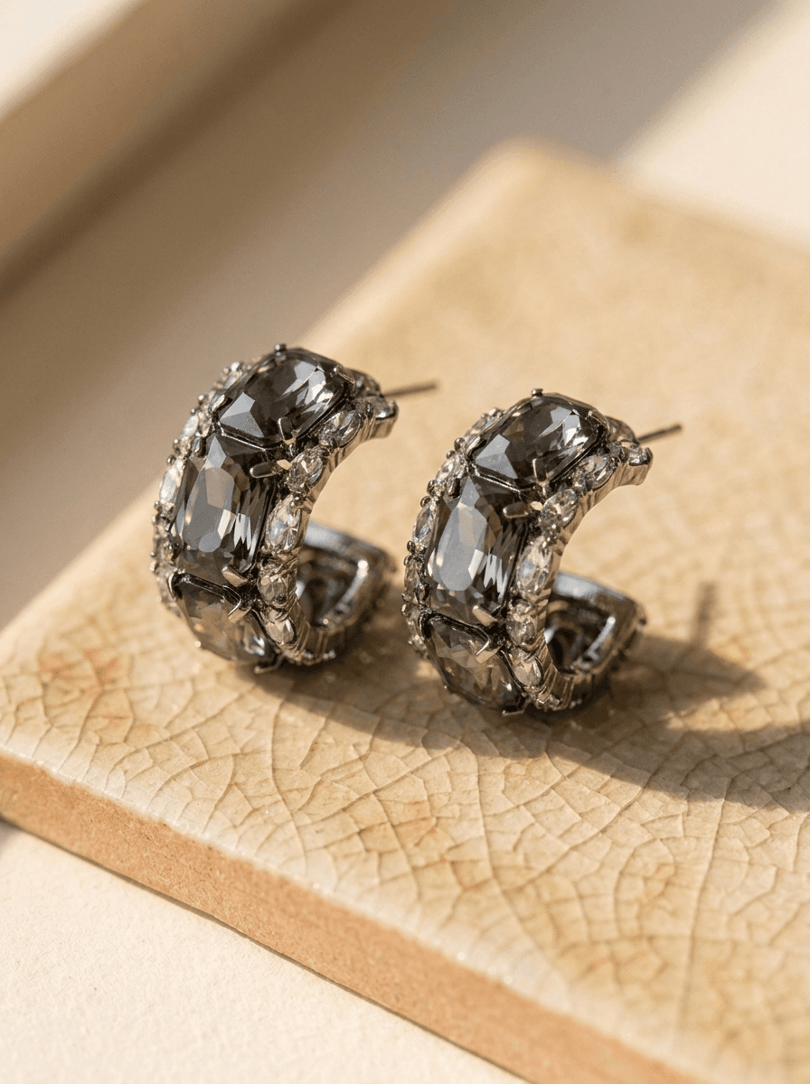 Black Sparkle Zircon Studs, earrings in zircon, metal, view 4