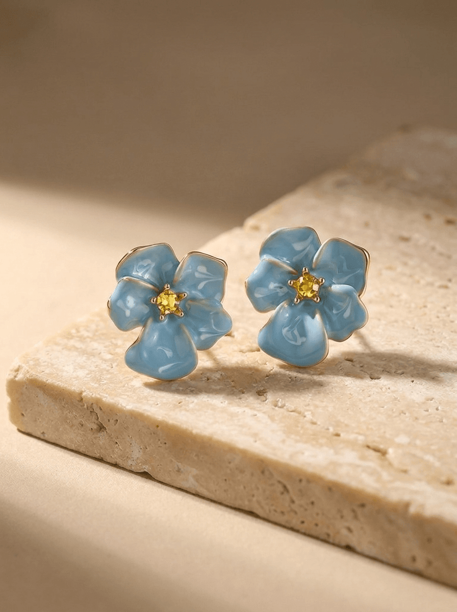 Blue Enamel Flower Studs, earrings in enamel, metal, view 3