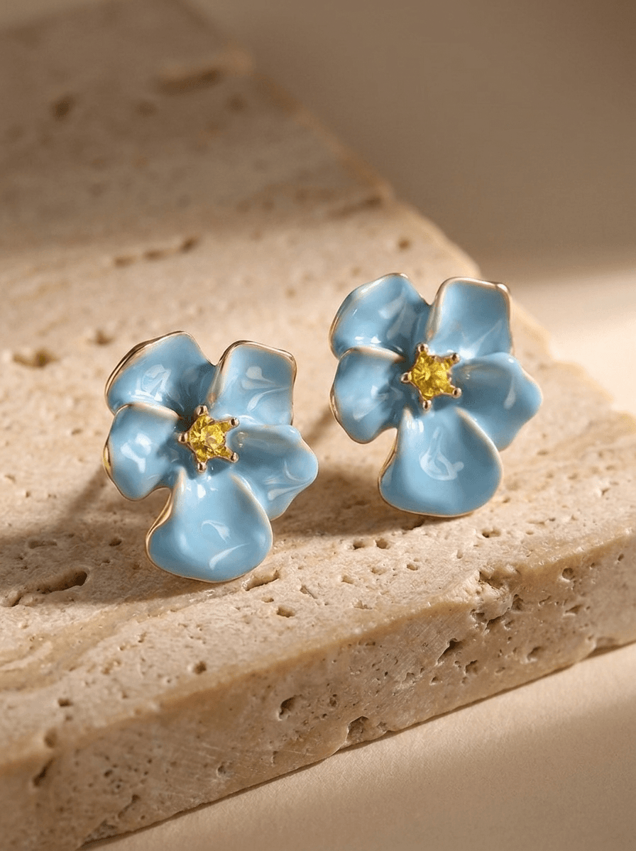 Blue Enamel Flower Studs, earrings in enamel, metal, view 4