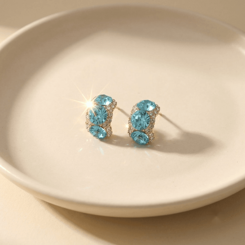 Blue Zircon Sparkle Studs, earrings in zircon and crystal, 925 silver posts, view 2