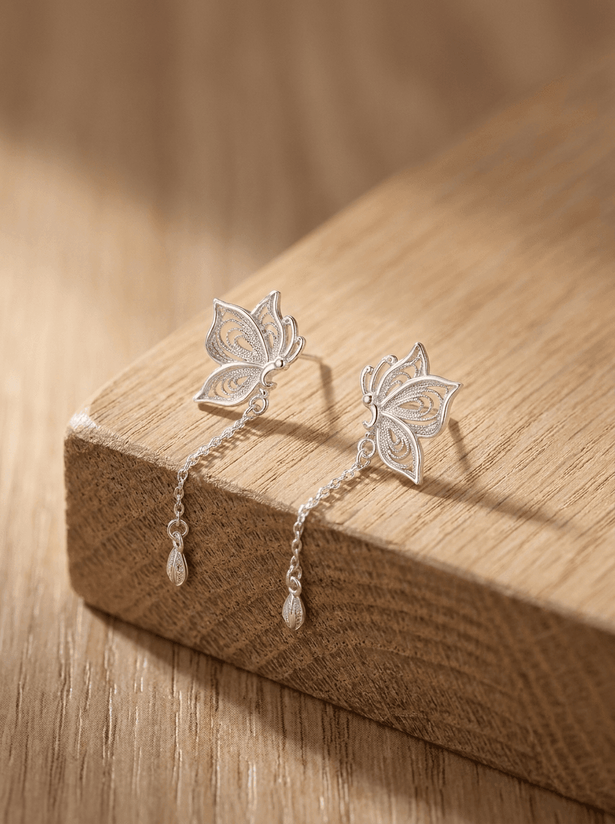 Butterfly Tassel Earrings, earrings in 925 silver posts, alloy, view 3