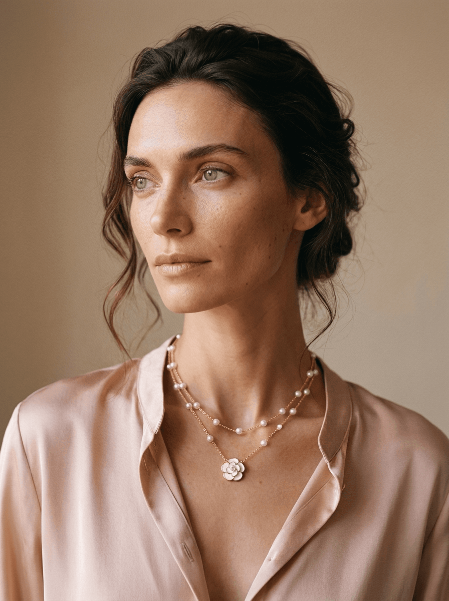 Camellia Double-Layer Pearl, necklaces in pearl, alloy