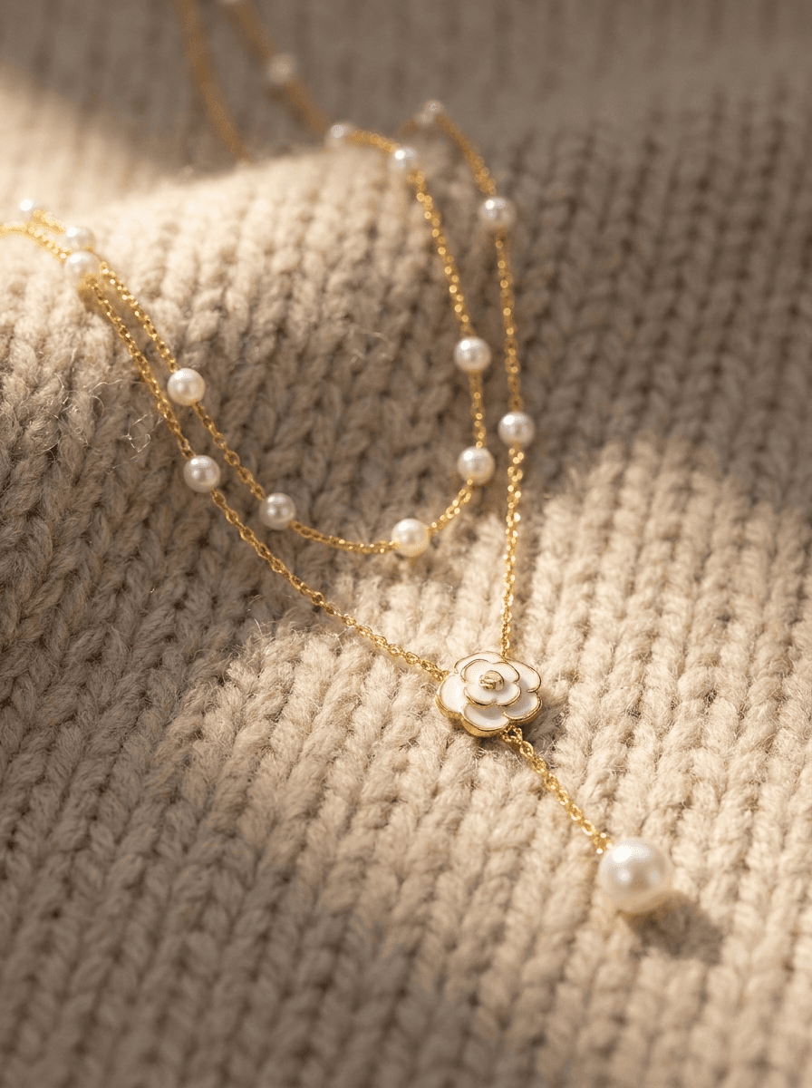 Camellia Double-Layer Pearl, necklaces in pearl, alloy, view 3
