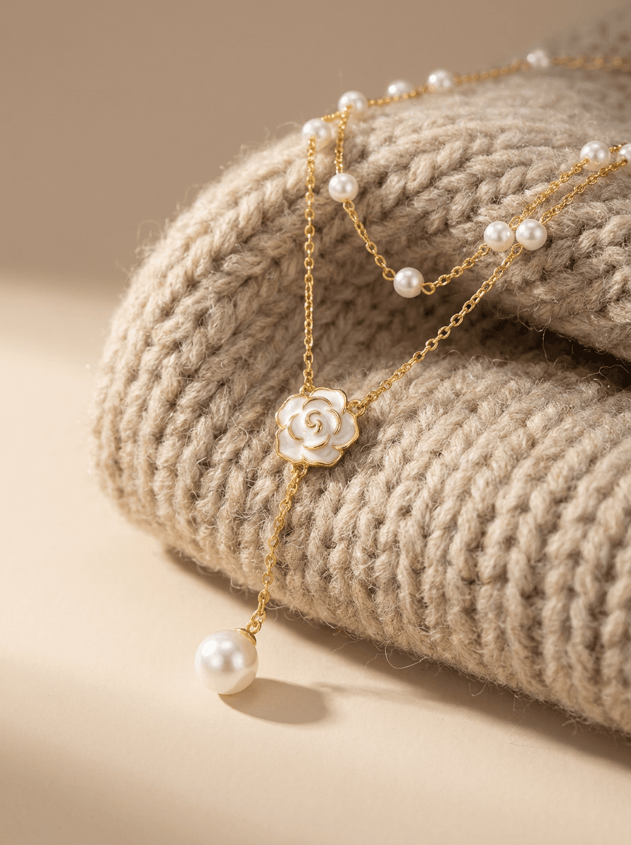 Camellia Double-Layer Pearl, necklaces in pearl, alloy, view 4