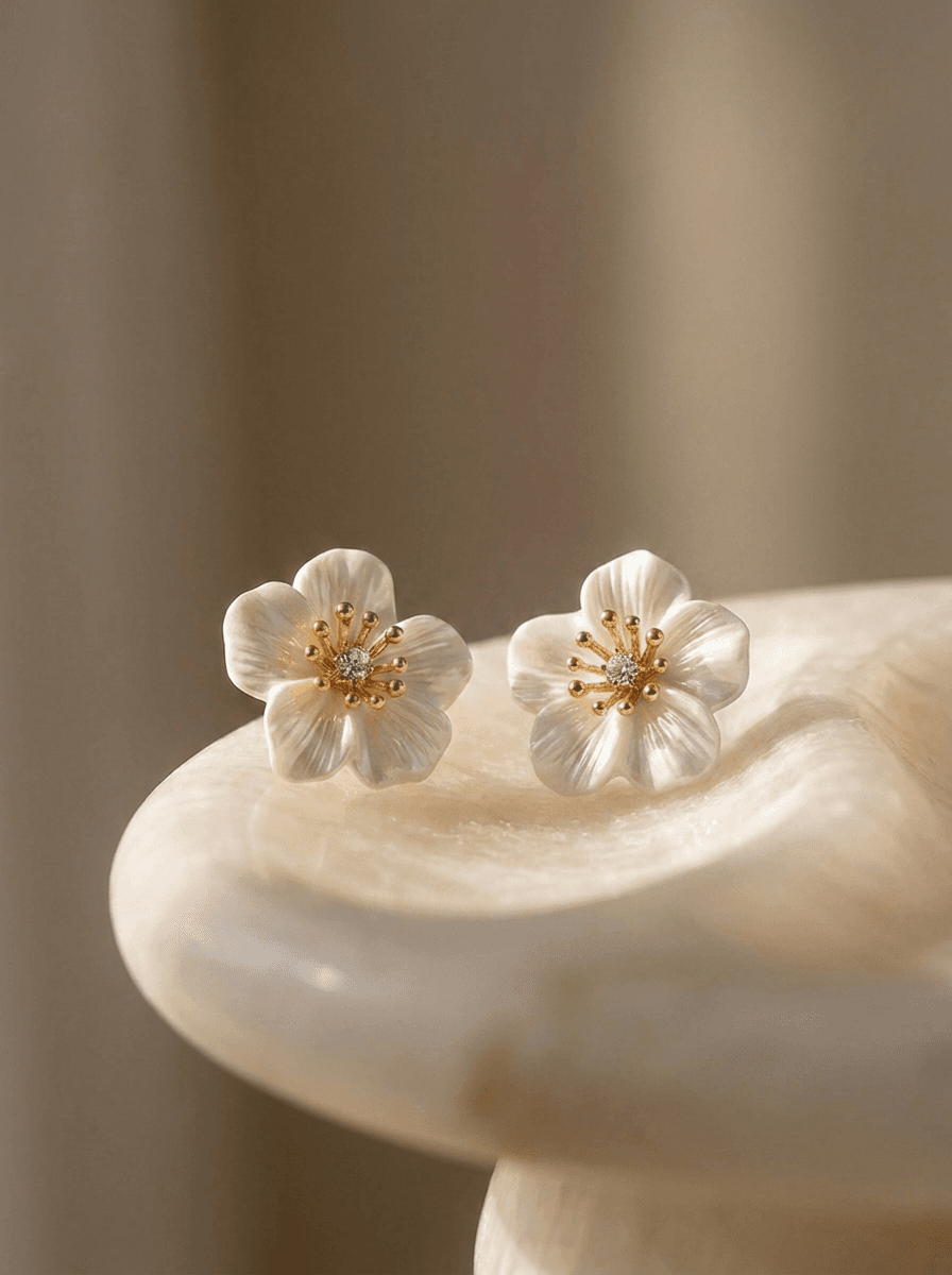 Camellia Studs (French), earrings in  French vintage; spring/summer, view 3