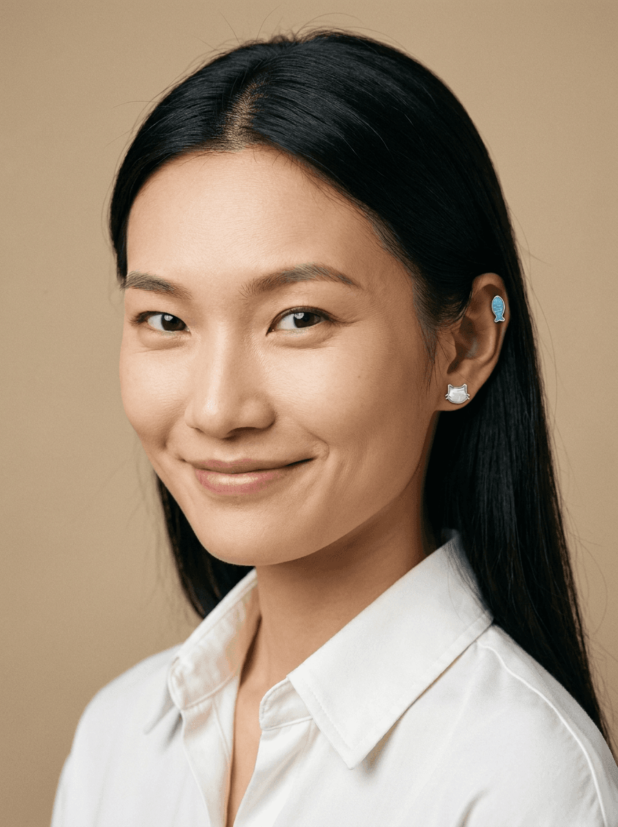Cat & Fish Asymmetric Studs, earrings in 999 fine silver