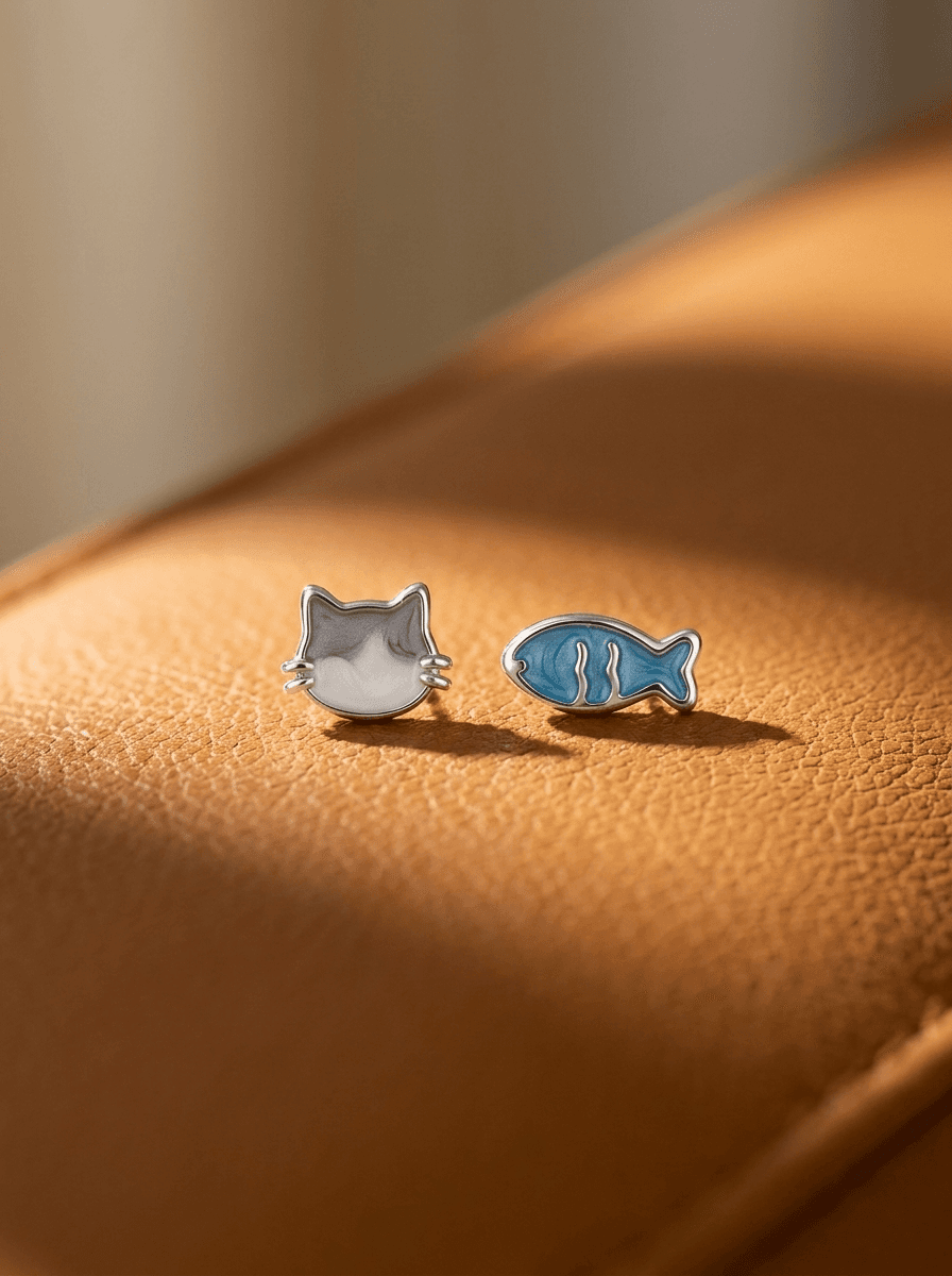 Cat & Fish Asymmetric Studs, earrings in 999 fine silver, view 3