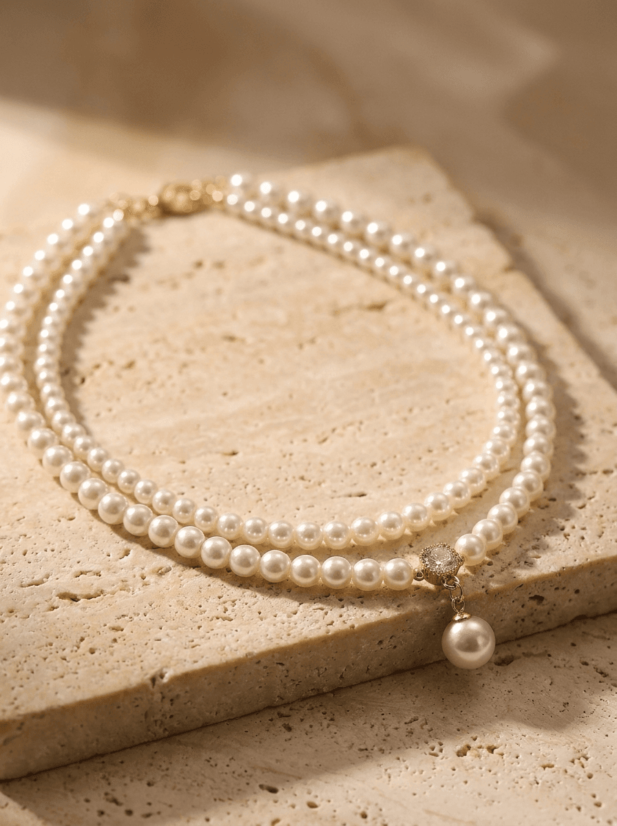 Double Strand Pearl Necklace, necklaces in Freshwater pearls, layered metal chain, view 3