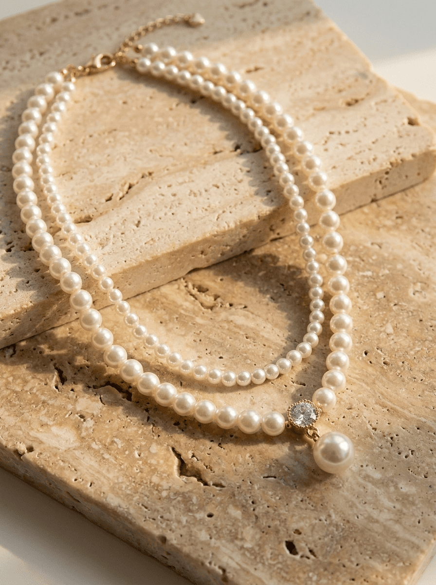 Double Strand Pearl Necklace, necklaces in Freshwater pearls, layered metal chain, view 4