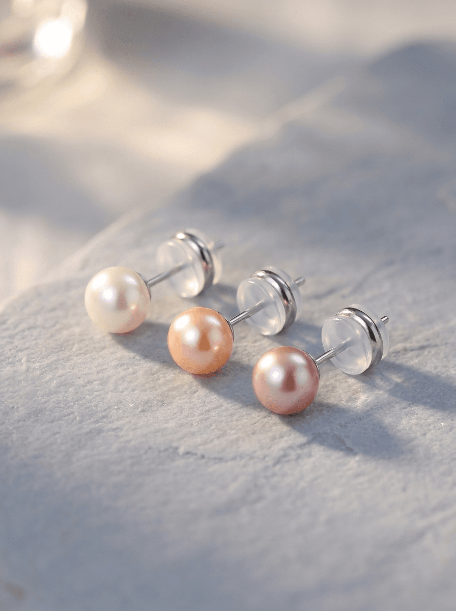 Freshwater Pearl Studs, earrings in Natural freshwater pearls, 999 fine silver, view 3