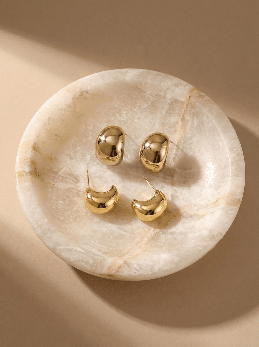 Gold Bean Drop Earrings, earrings in gold-tone metal. Base metal composition is not yet confirmed