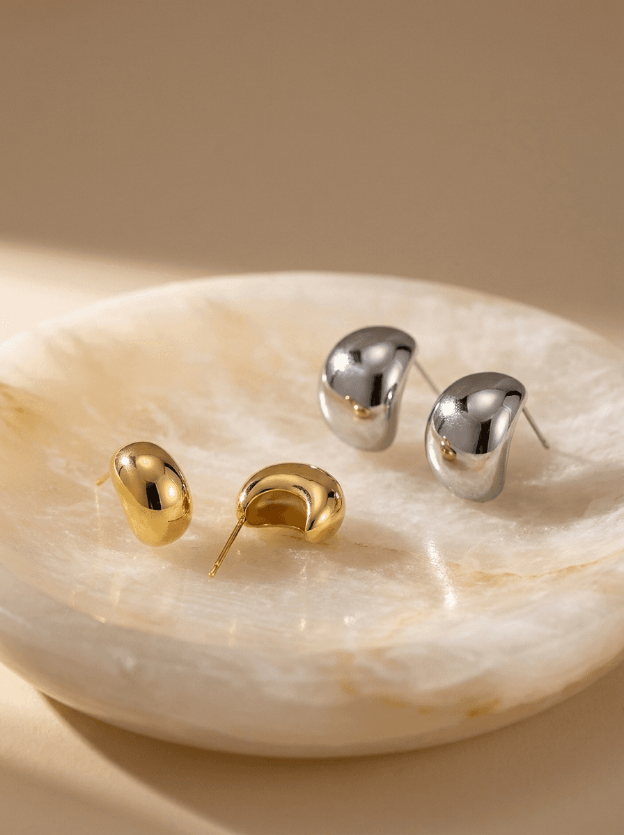 Gold Bean Drop Earrings, earrings in Gold-tone metal, view 3