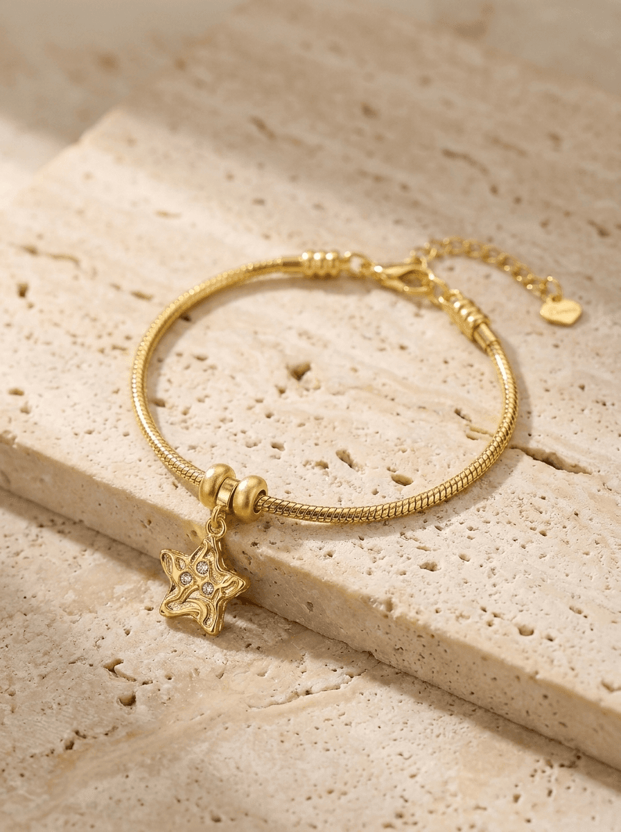 Gold Thread Charm Bracelet, bracelets in gold-tone threading chain, star charm, view 3