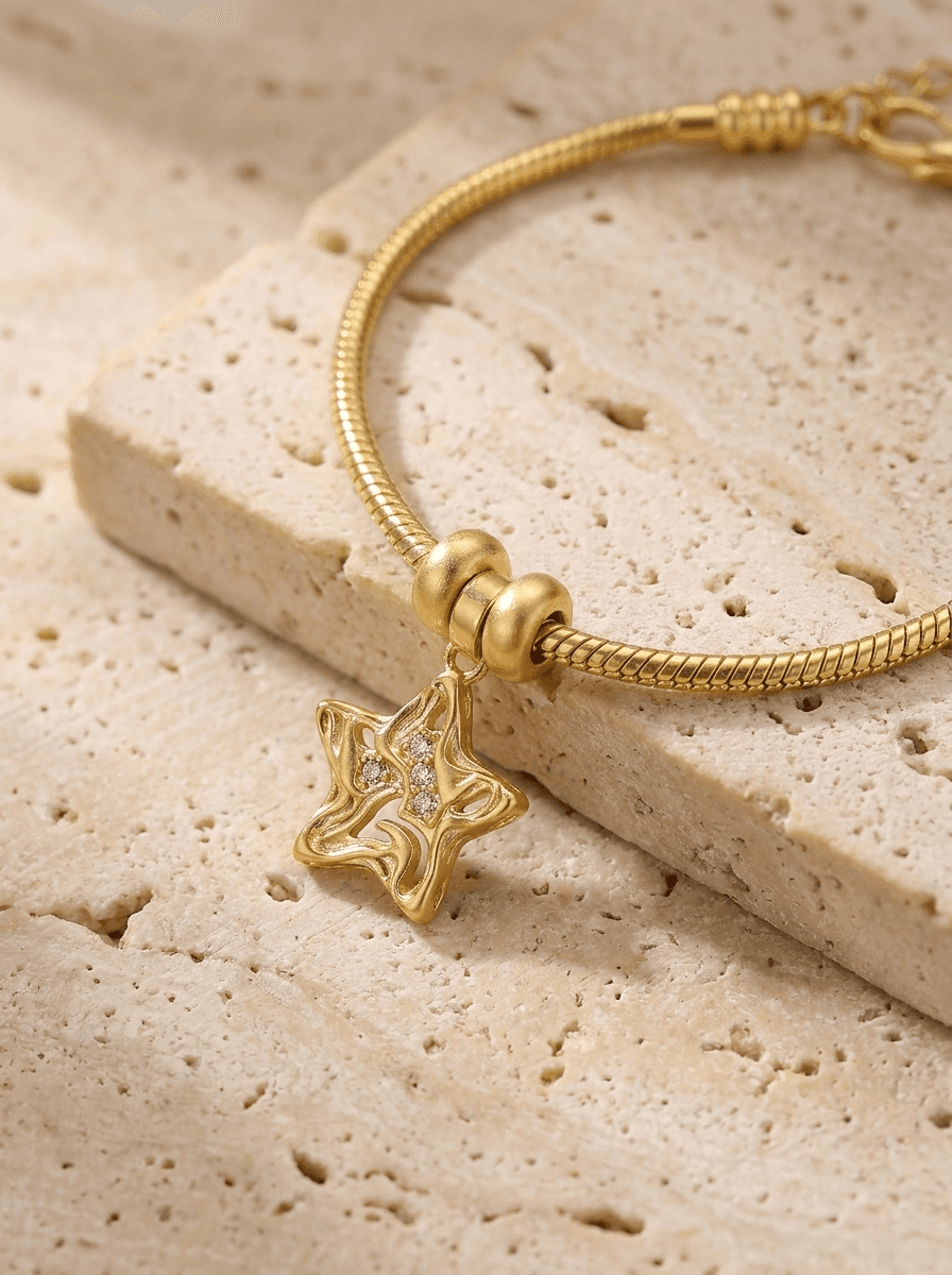 Gold Thread Charm Bracelet, bracelets in gold-tone threading chain, star charm, view 4