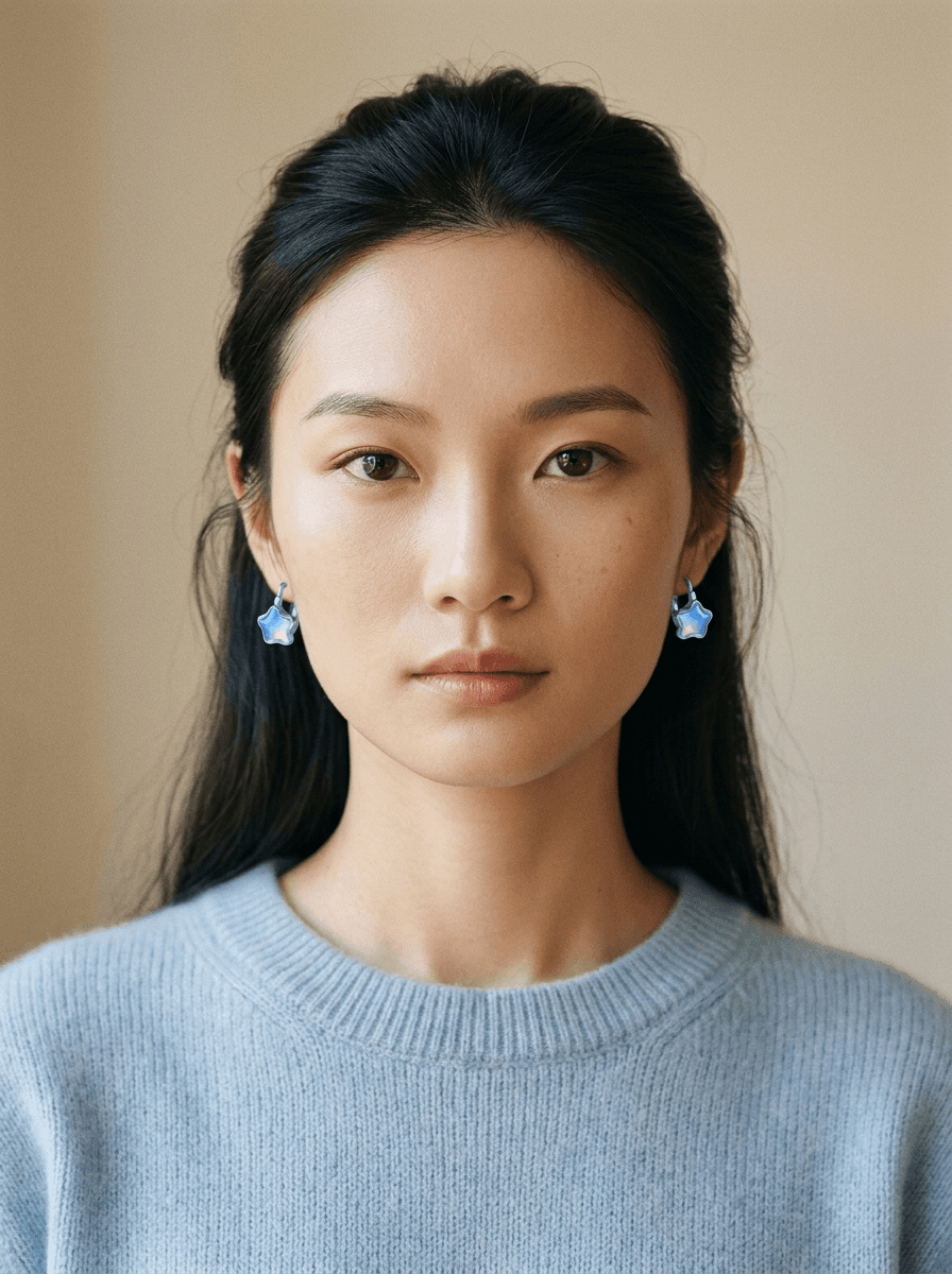 Iridescent Blue Star Huggies, earrings in iridescent resin/crystal, metal