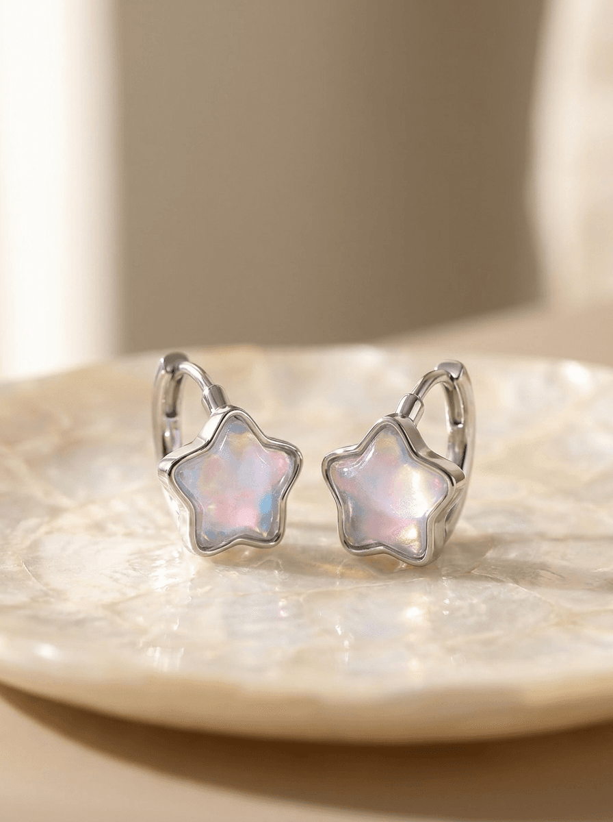 Iridescent Blue Star Huggies, earrings in iridescent resin/crystal, metal, view 3