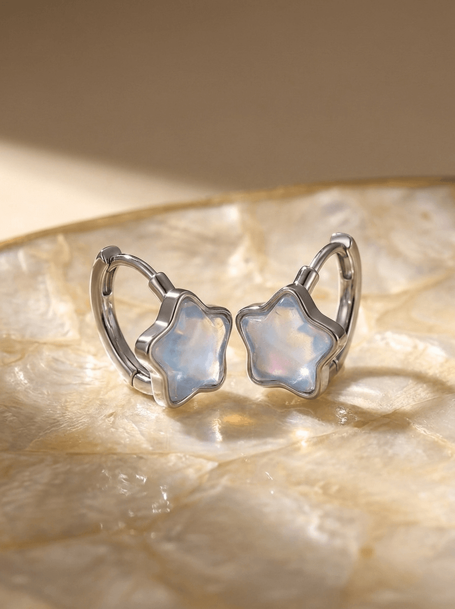 Iridescent Blue Star Huggies, earrings in iridescent resin/crystal, metal, view 4
