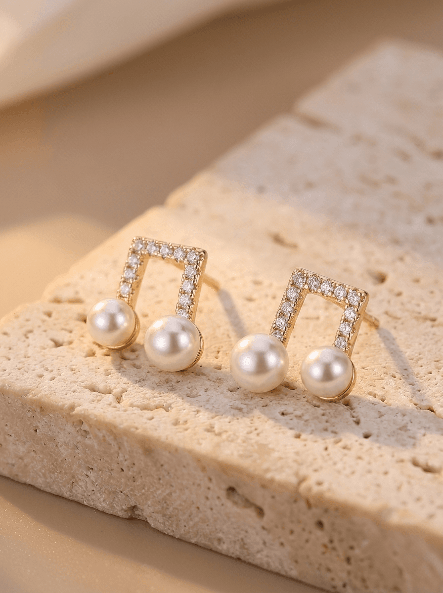 Music-Note Pearl Studs, earrings in  French style, view 4