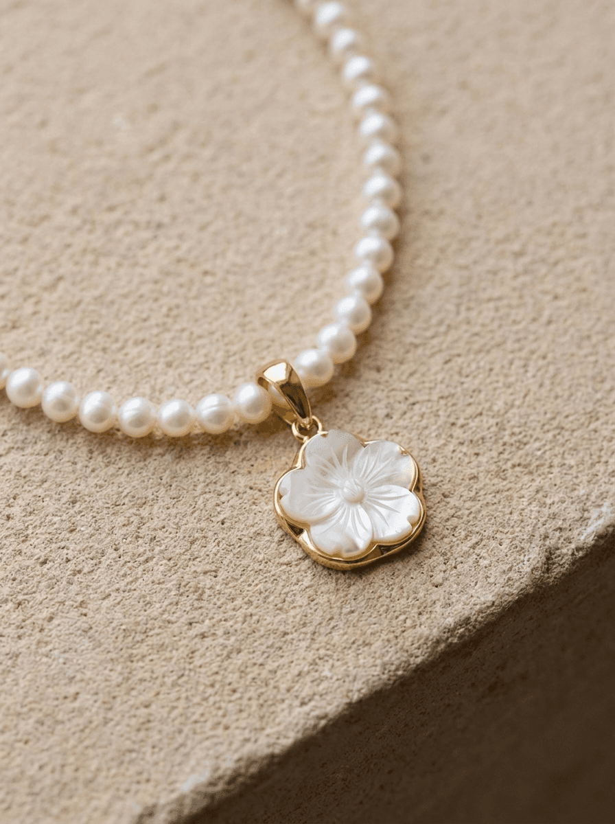 Peach Blossom Pendant Necklace, necklaces in shell blossom pendant, freshwater pearl strand, view 4
