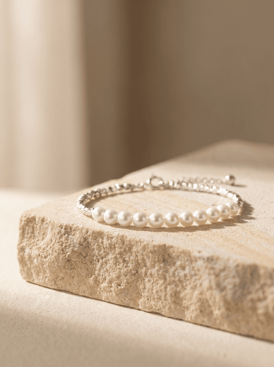 Pearl & Silver Bead Bracelet, bracelets in Freshwater pearl, textured silver beads, view 3
