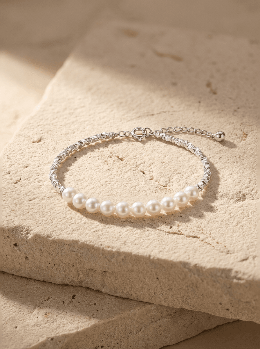 Pearl & Silver Bead Bracelet, bracelets in Freshwater pearl, textured silver beads, view 4
