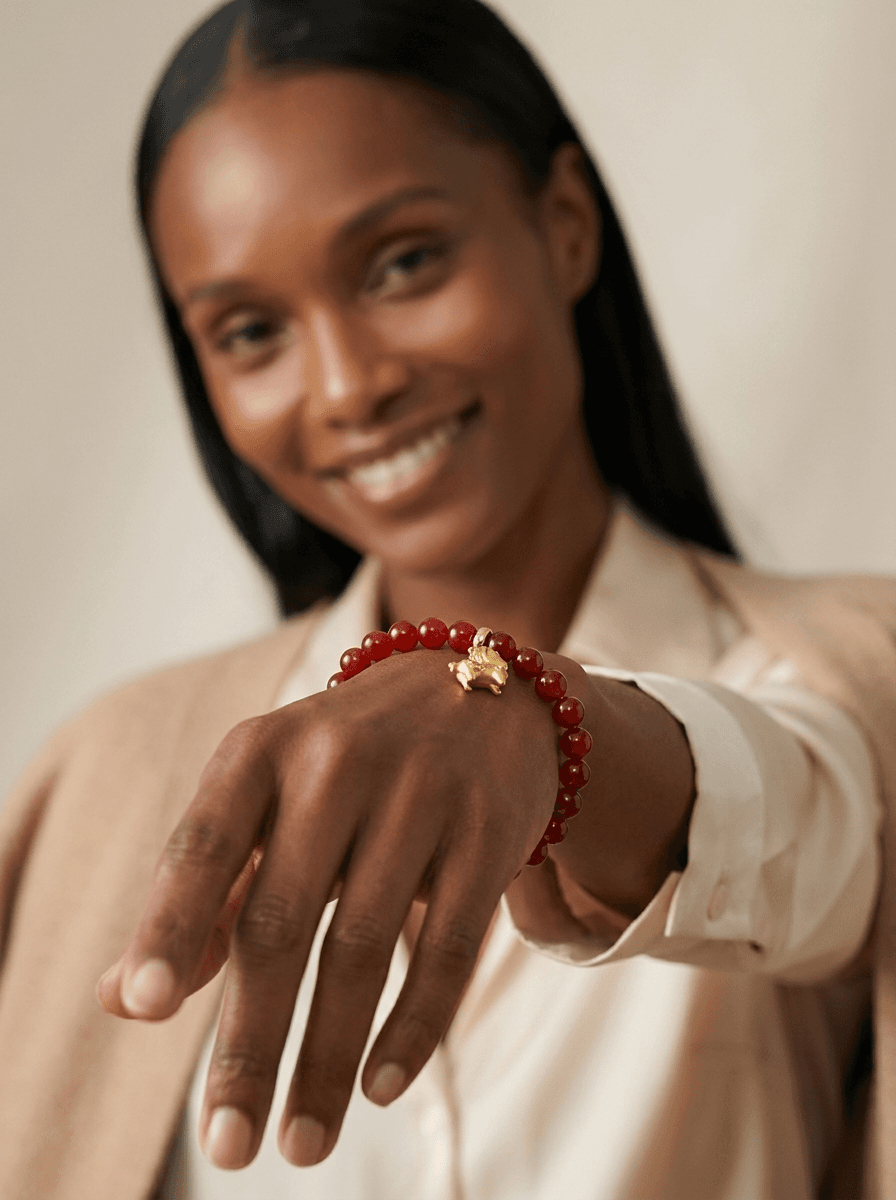 Red Agate Bead Bracelet, bracelets in red agate beads, gold-tone horse charm