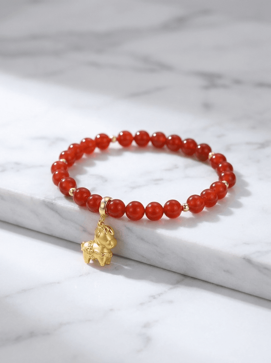 Red Agate Bead Bracelet, bracelets in red agate beads, gold-tone horse charm, view 3
