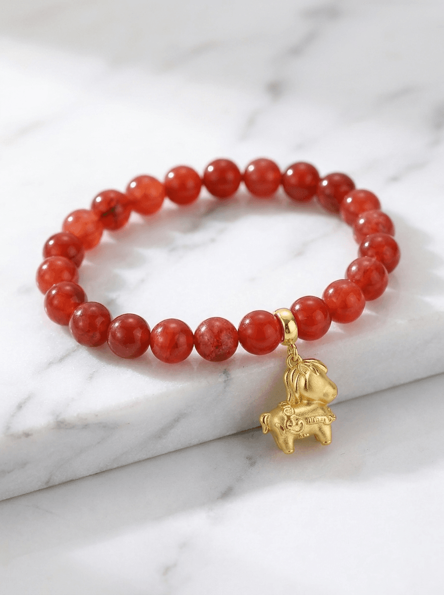 Red Agate Bead Bracelet, bracelets in red agate beads, gold-tone horse charm, view 4