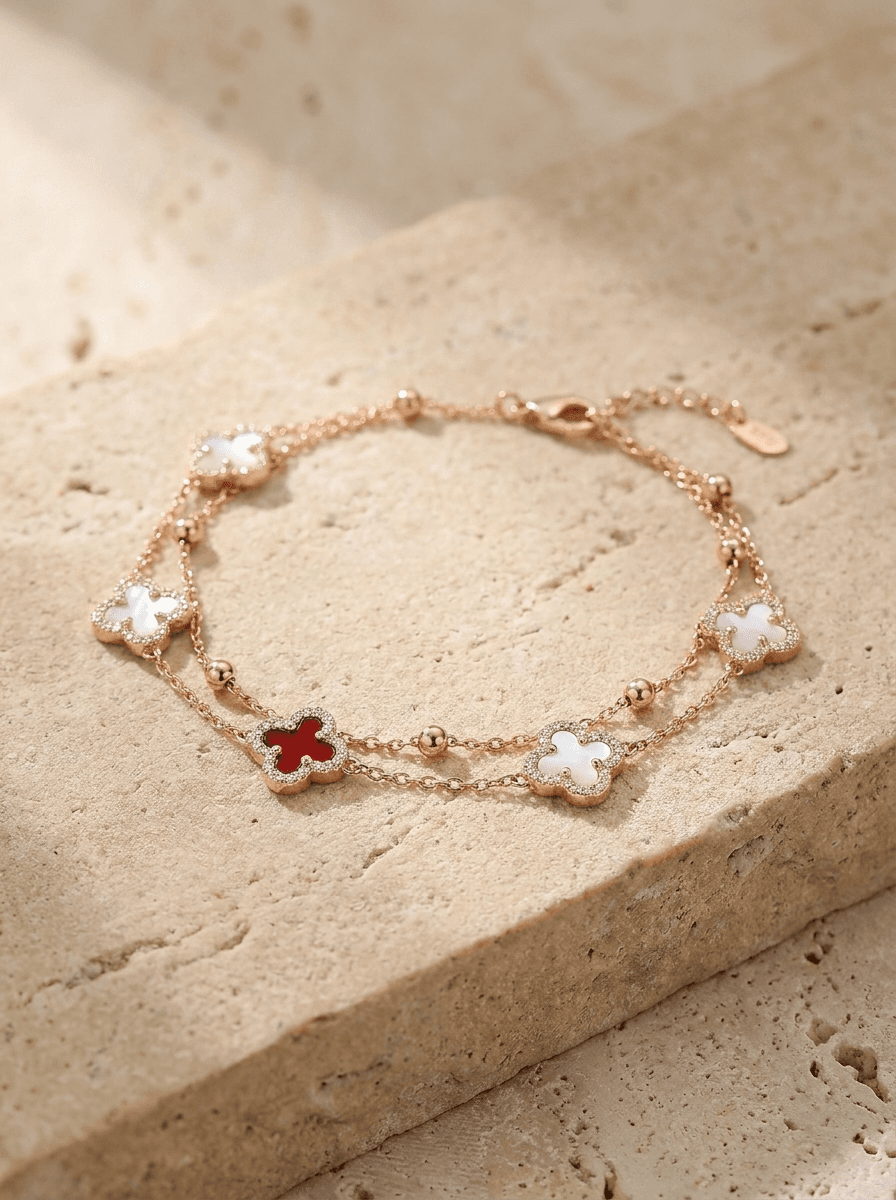 Red Clover Bracelet, bracelets in red stone clover charms, rose gold-tone chain, view 3