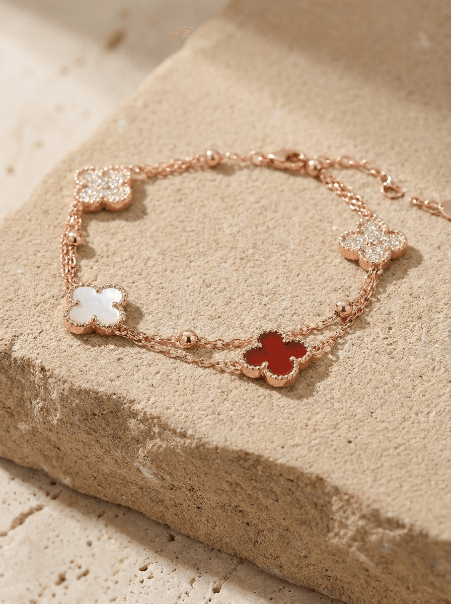 Red Clover Bracelet, bracelets in red stone clover charms, rose gold-tone chain, view 4