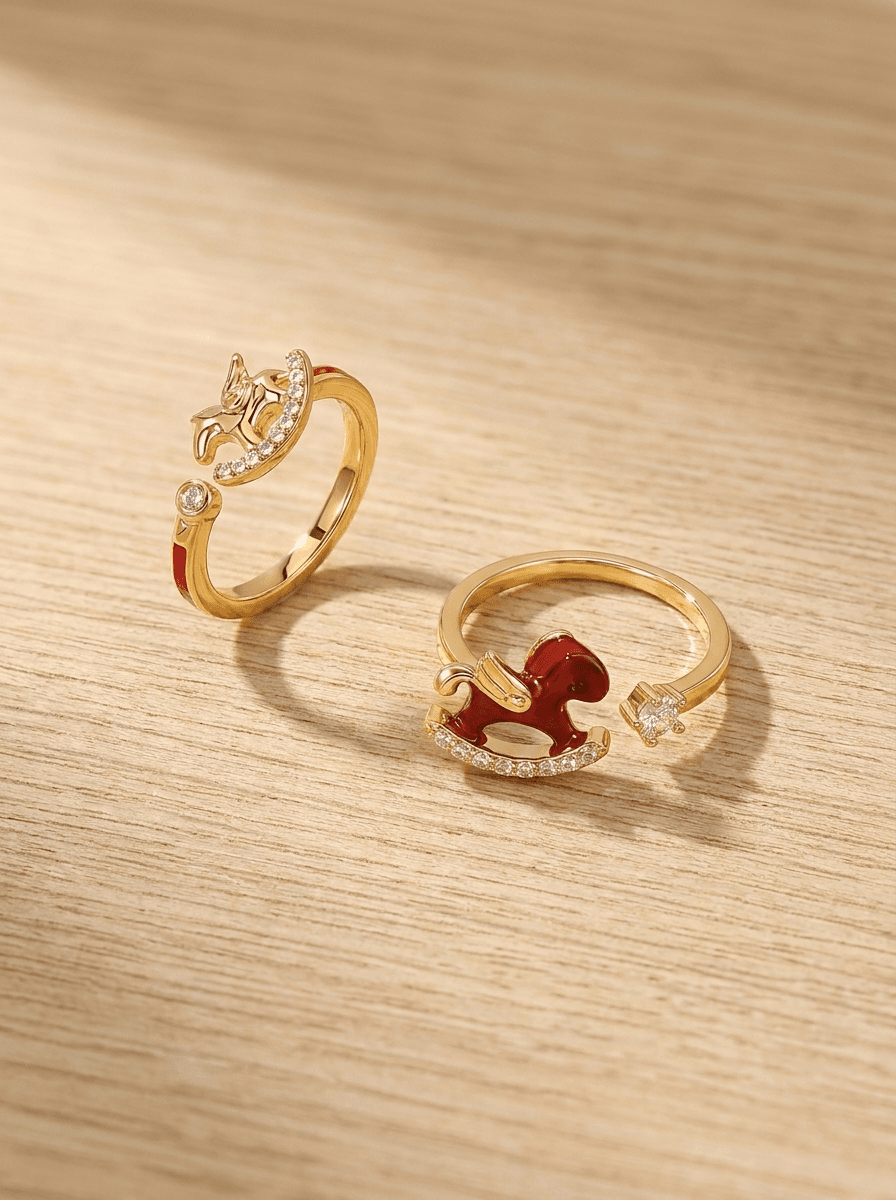 Red Horse Open Ring, rings in red enamel, gold-tone adjustable band, view 3