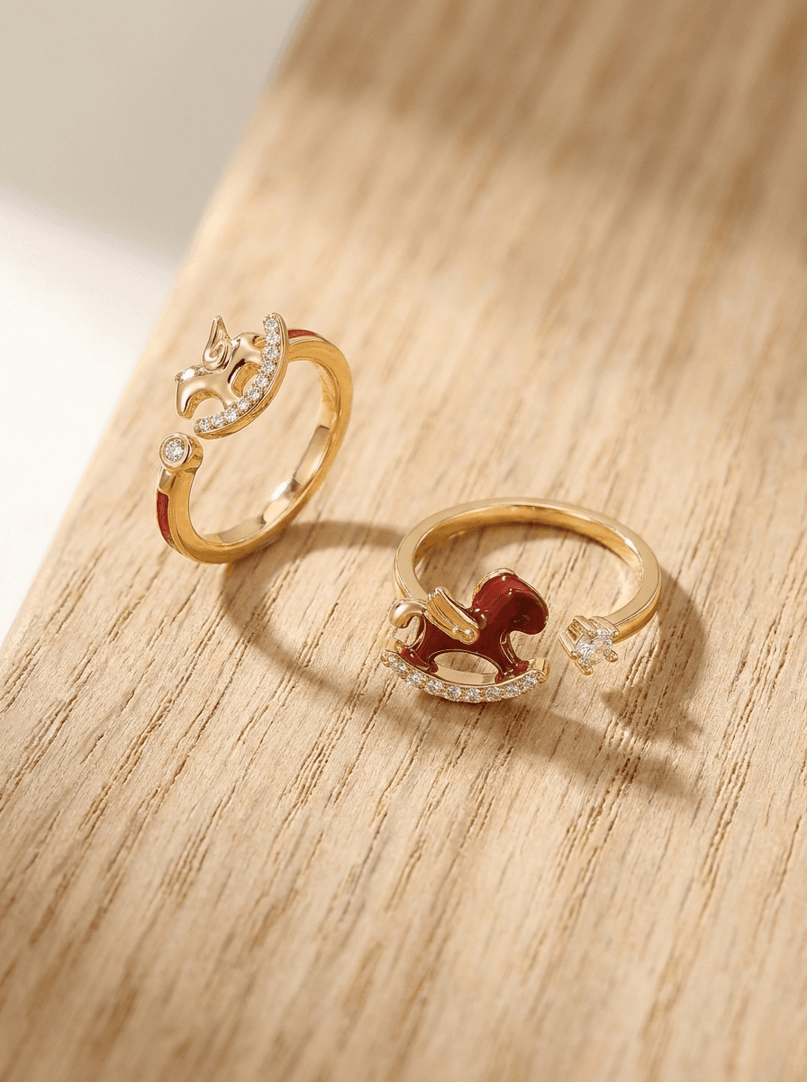 Red Horse Open Ring, rings in red enamel, gold-tone adjustable band, view 4