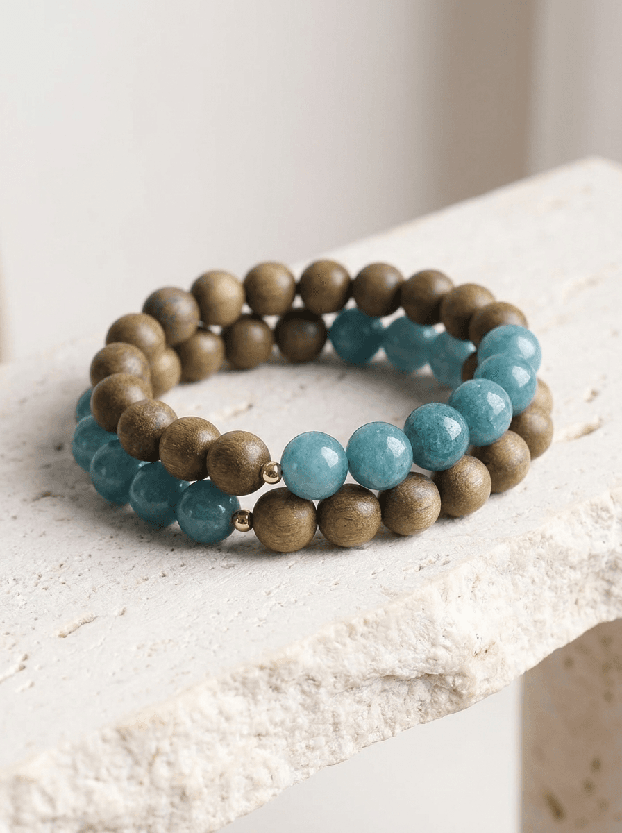 Sandalwood & Aquamarine Bracelet, bracelets in green sandalwood, aquamarine beads, view 3
