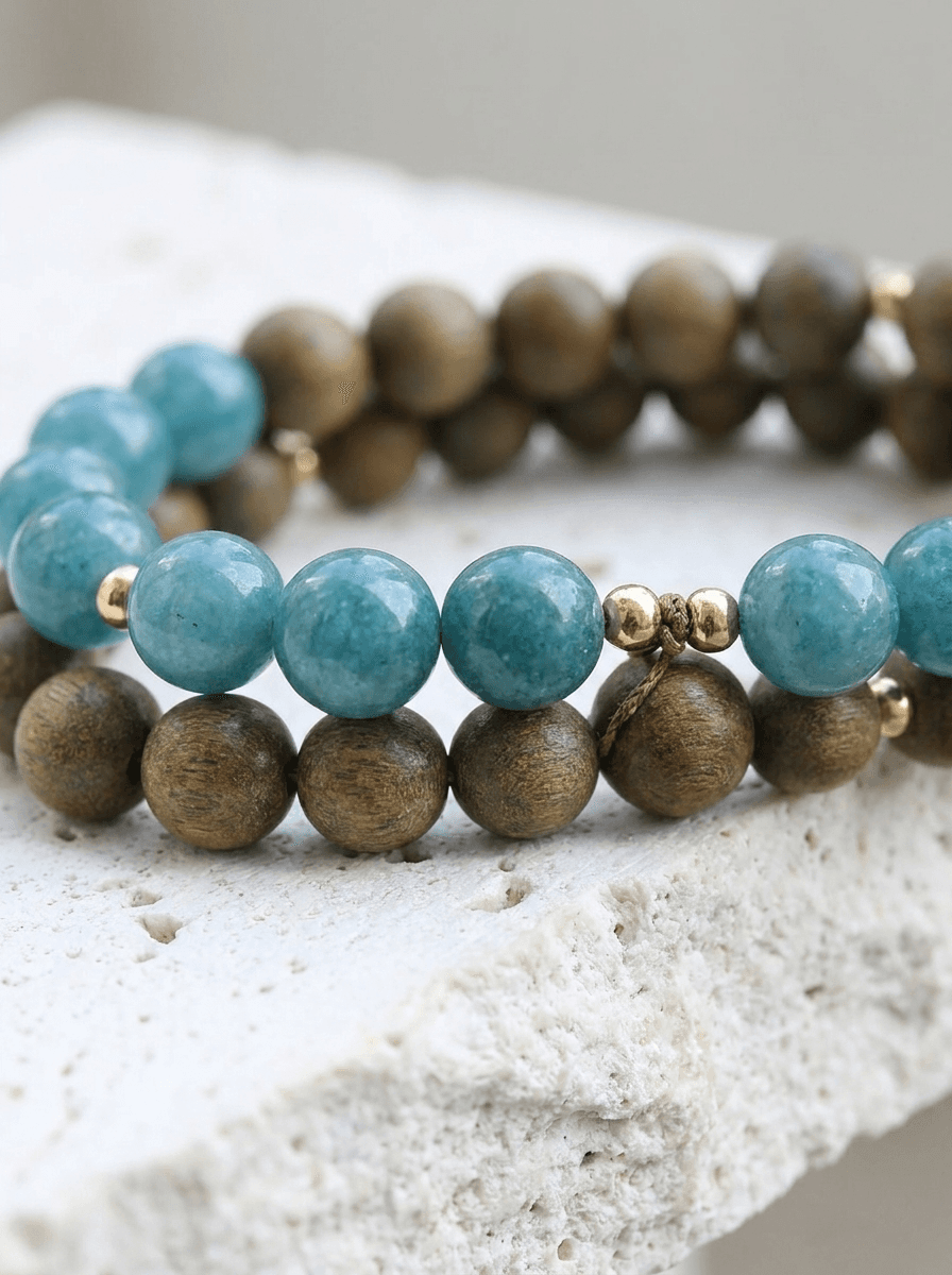 Sandalwood & Aquamarine Bracelet, bracelets in green sandalwood, aquamarine beads, view 4