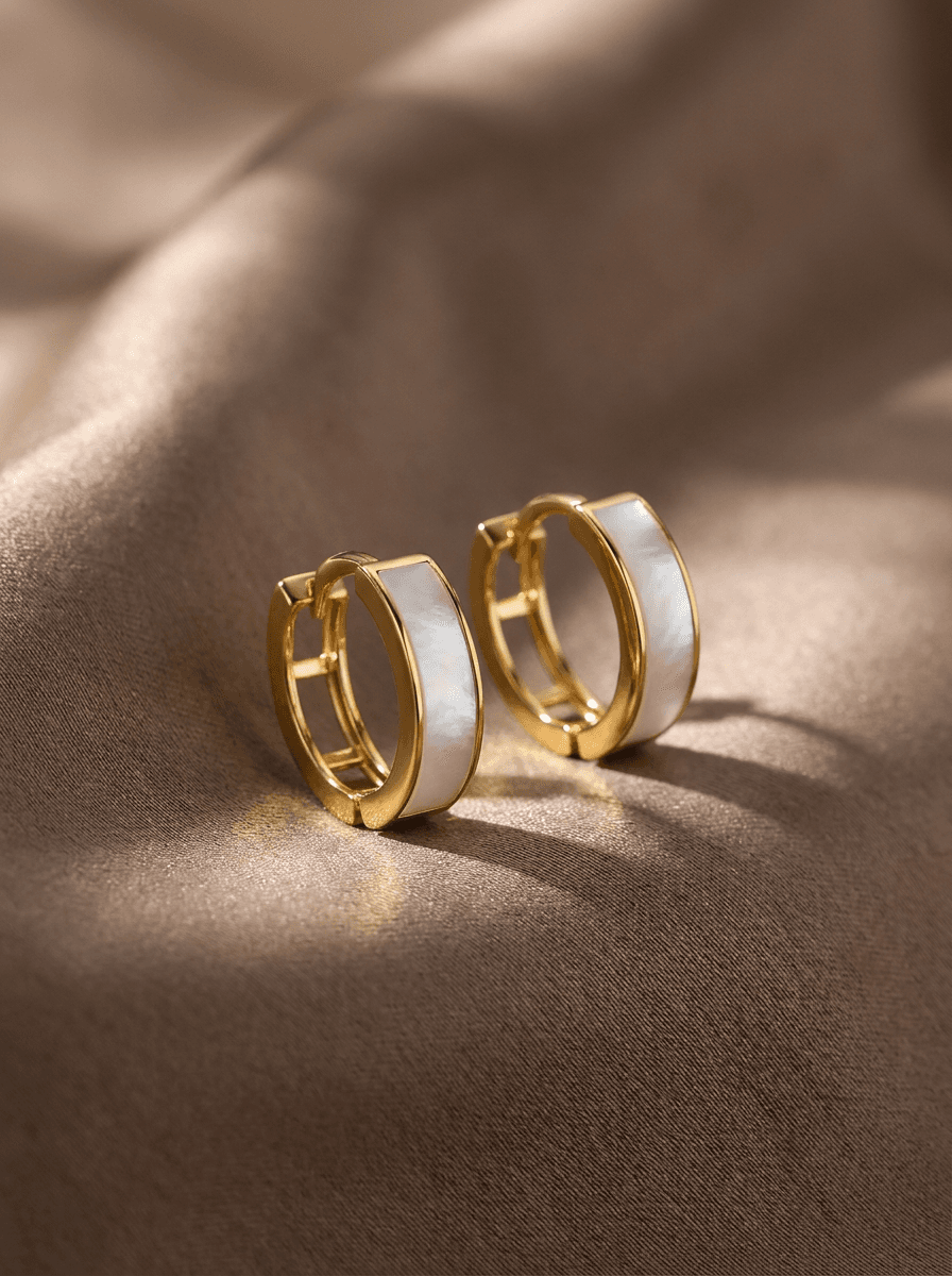Shell Huggie Hoops, earrings in natural shell, metal, view 3