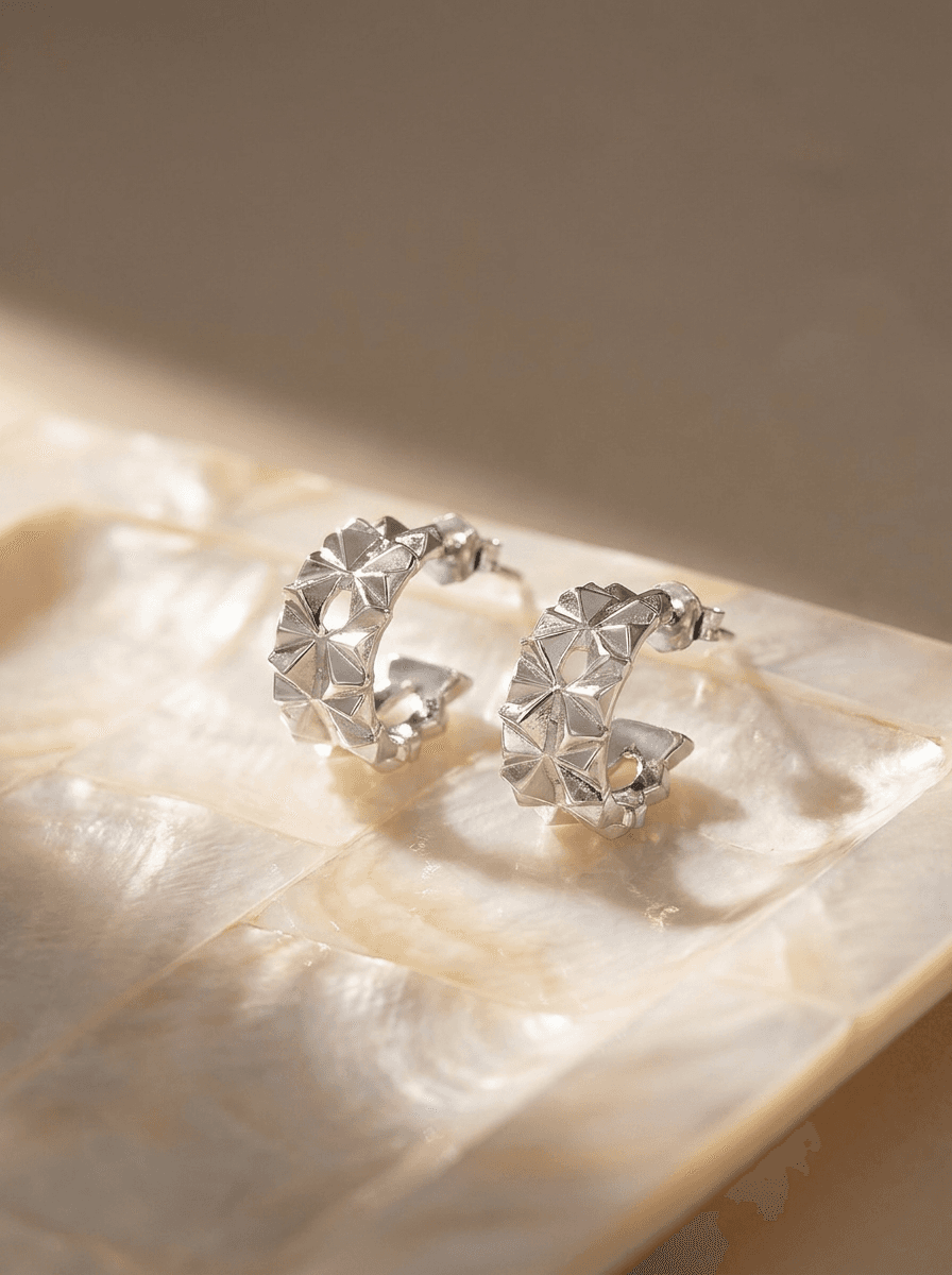 Silver Textured Hoops, earrings in silver-tone metal, view 4