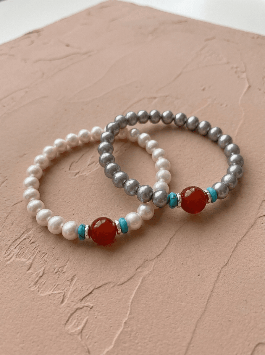 Snow Mist Pearl Bracelet, bracelets in freshwater pearl, red agate, turquoise accents, view 3