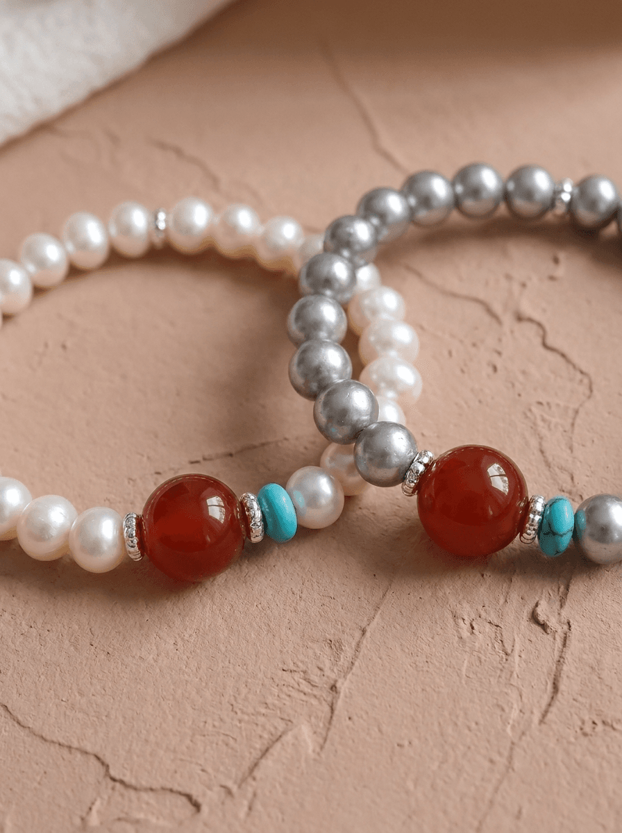 Snow Mist Pearl Bracelet, bracelets in freshwater pearl, red agate, turquoise accents, view 4