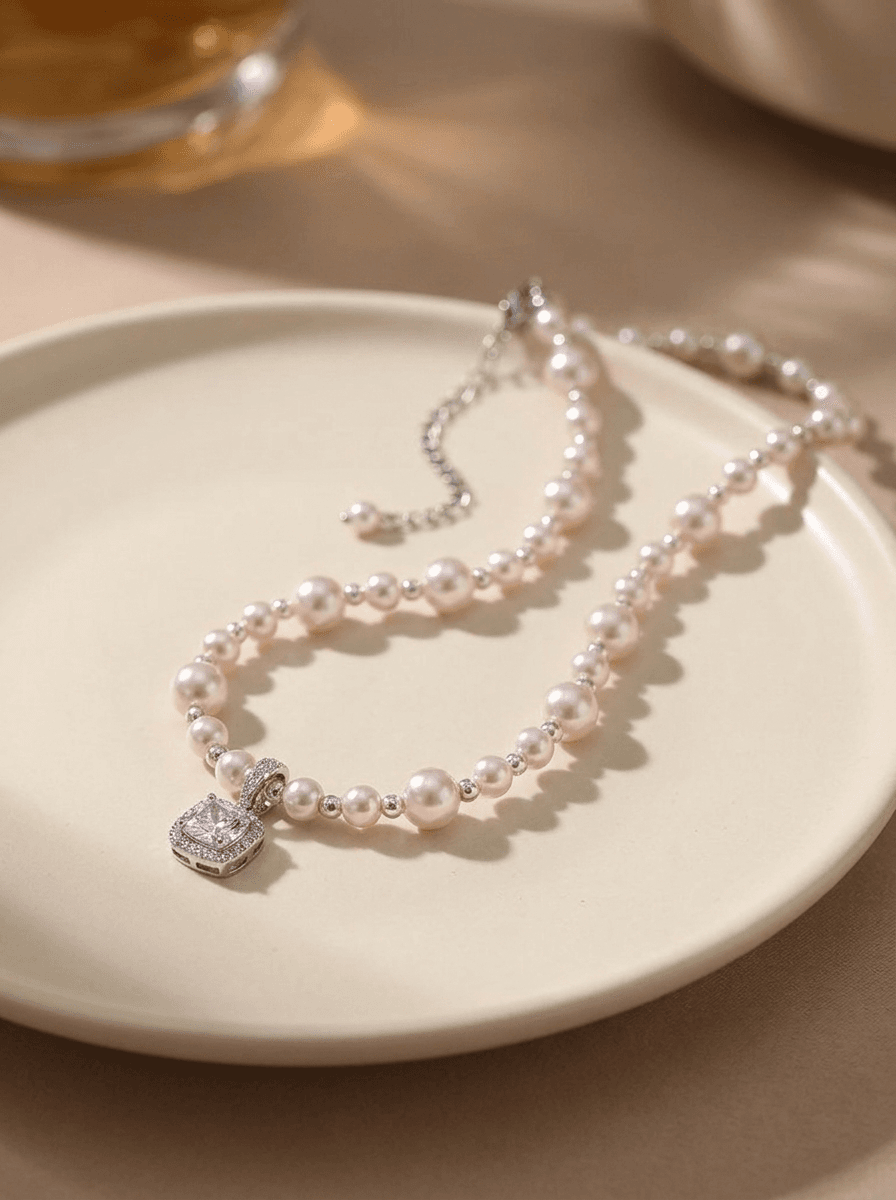 Sugar Cube Pearl Necklace, necklaces in Square baroque pearl, fine chain, view 3