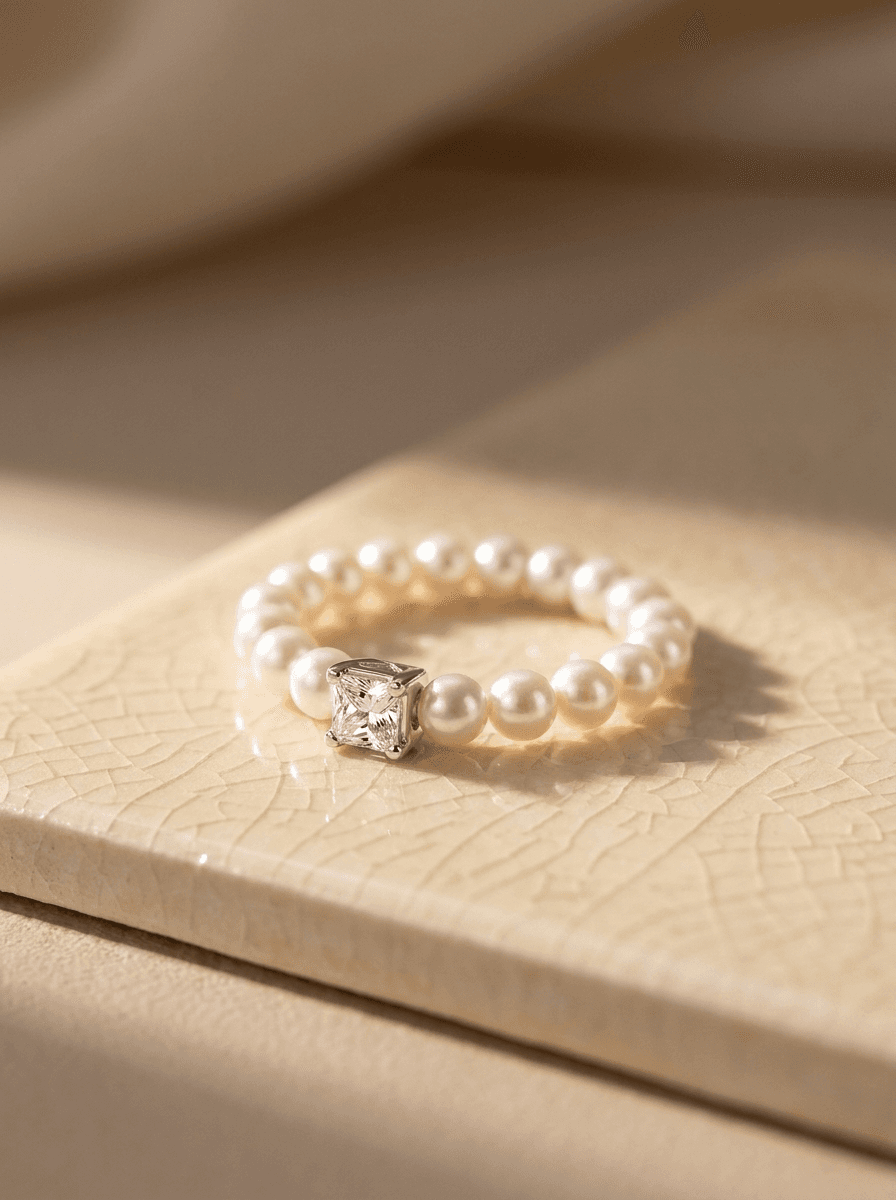 Sugar Cube Pearl Ring, rings in Square baroque pearl, adjustable elastic band, view 3