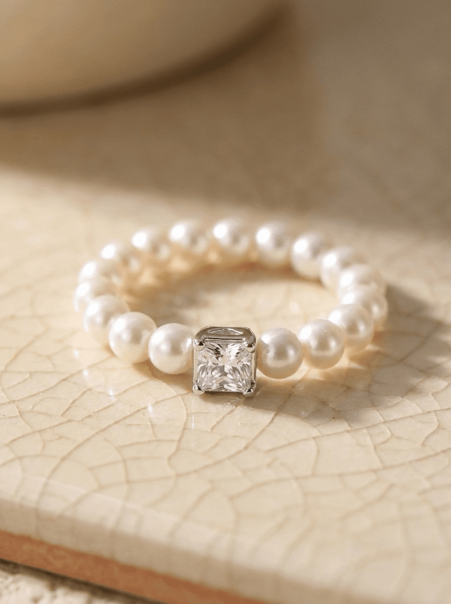 Sugar Cube Pearl Ring, rings in Square baroque pearl, adjustable elastic band, view 4
