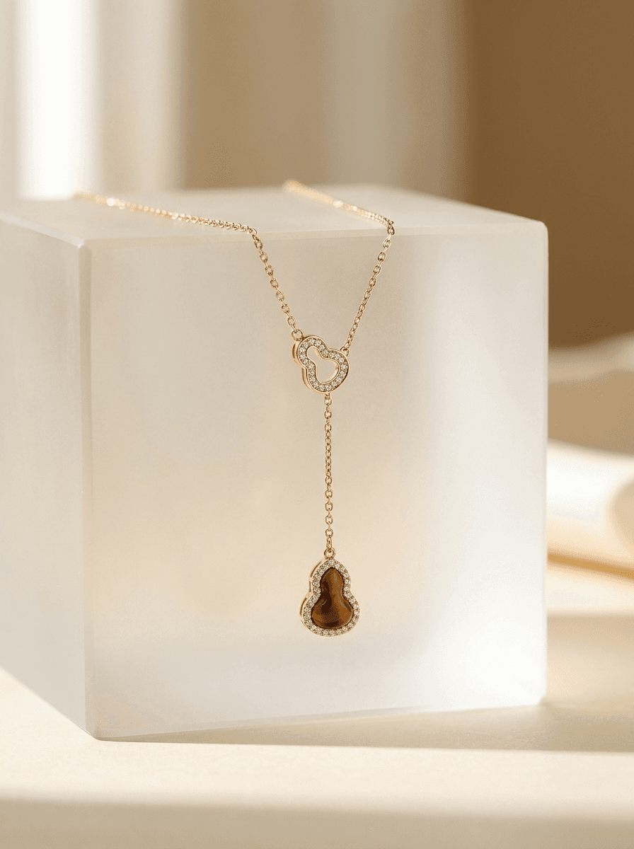 Tiger's-Eye Gourd Necklace, necklaces in tiger's-eye stone, gold-tone metal, view 3
