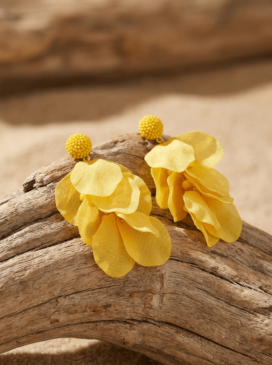 Yellow Petal Tassel Cuffs, earrings in  resort style, view 3