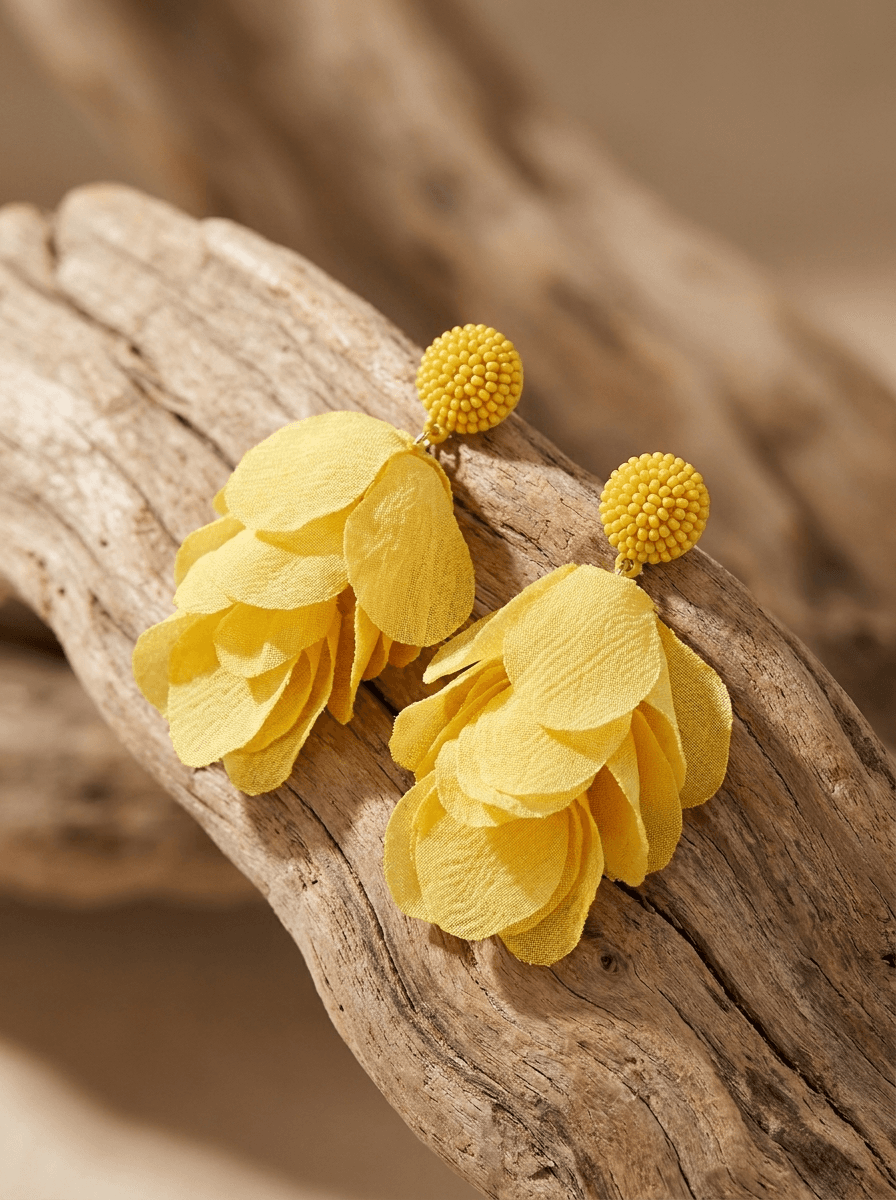 Yellow Petal Tassel Cuffs, earrings in  resort style, view 4