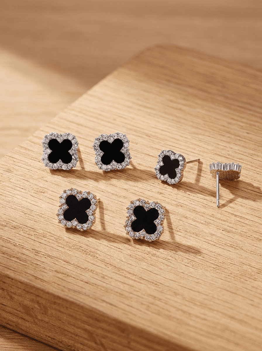 Zircon Clover Studs, earrings in Zircon, 925 silver posts, view 4